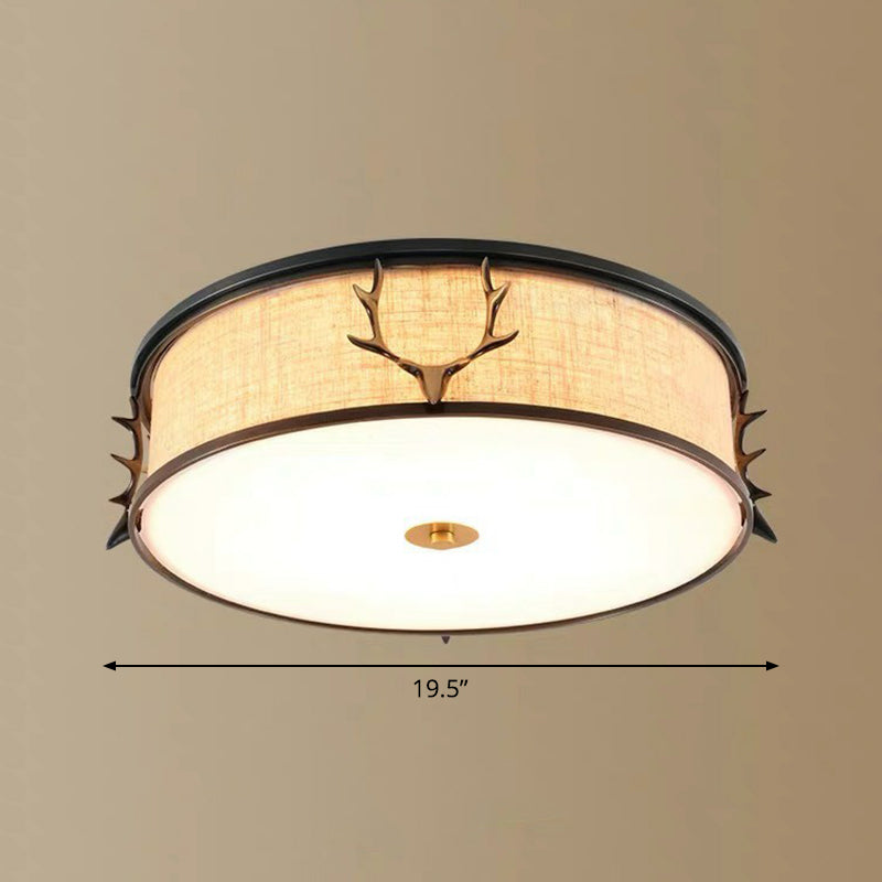 Fabric Drum Flush Ceiling Light Nordic Style Flush Light with Decorative Antler for Foyer Black 19.5" Clearhalo 'Ceiling Lights' 'Close To Ceiling Lights' 'Close to ceiling' 'Flush mount' Lighting' 2423782