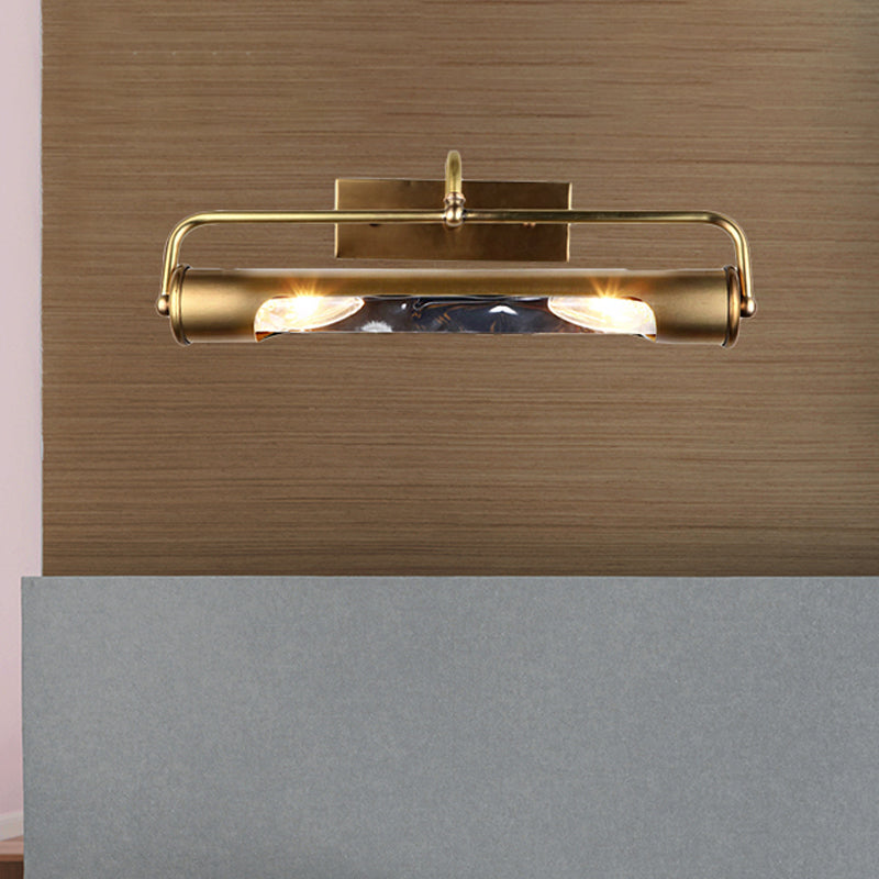 Vintage Style Cylindrical Metal Vanity Lamp 2 Lights Wall Mounted Light in Brass Finish for Bathroom Clearhalo 'Cast Iron' 'Glass' 'Industrial' 'Modern wall lights' 'Modern' 'Tiffany' 'Traditional wall lights' 'Vanity Lights' 'Wall Lights' Lighting' 242404