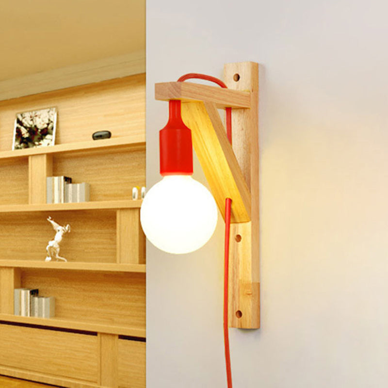 Exposed Bulb Wooden Hanging Wall Sconce 1 Light Nordic Wall Lamp in Multi Colors Red Clearhalo 'Modern wall lights' 'Modern' 'Wall Lamps & Sconces' 'Wall Lights' Lighting' 242422