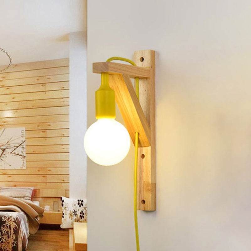 Exposed Bulb Wooden Hanging Wall Sconce 1 Light Nordic Wall Lamp in Multi Colors Yellow Clearhalo 'Modern wall lights' 'Modern' 'Wall Lamps & Sconces' 'Wall Lights' Lighting' 242423