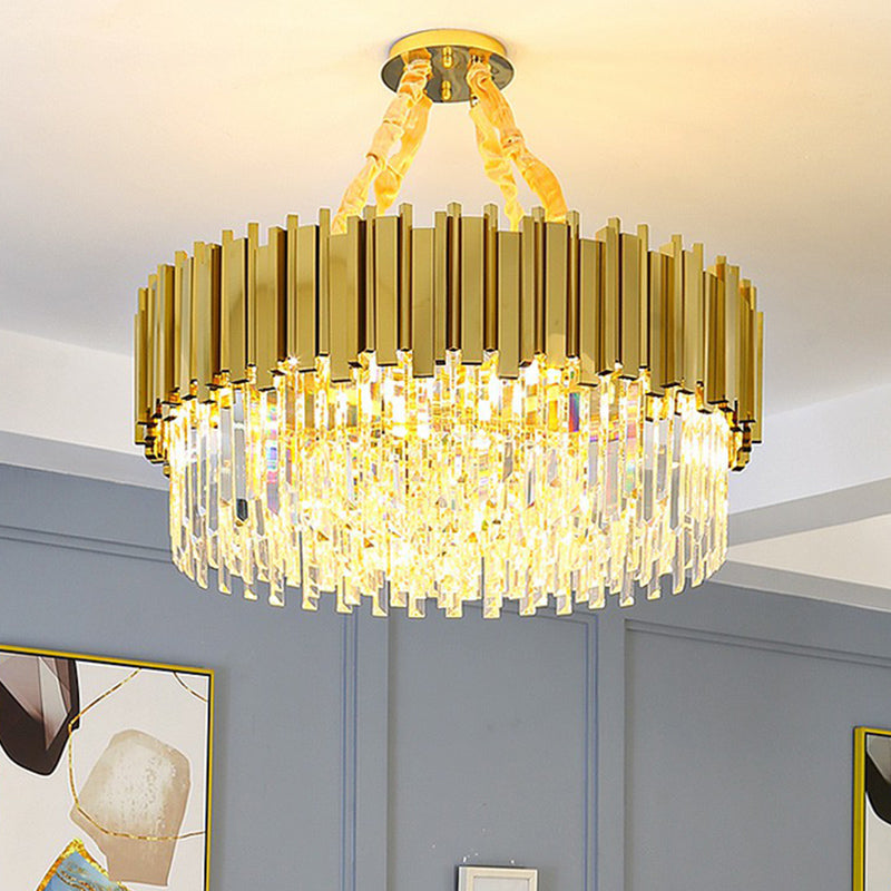 Simple Style Suspension Light Brass Drum Chandelier with Tri-Sided Crystal Prism Shade Clearhalo 'Ceiling Lights' 'Chandeliers' 'Modern Chandeliers' 'Modern' Lighting' 2424354