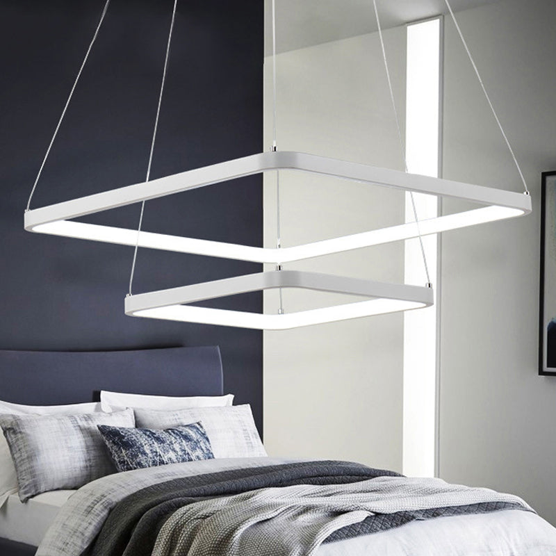 Square Chandelier Pendant Modernism Acrylic 1/2/3-Head Bedroom Ceiling Lighting Fixture in Warm/White/Natural Light 2 White Clearhalo 'Ceiling Lights' 'Chandeliers' 'Modern Chandeliers' 'Modern' Lighting' 242438