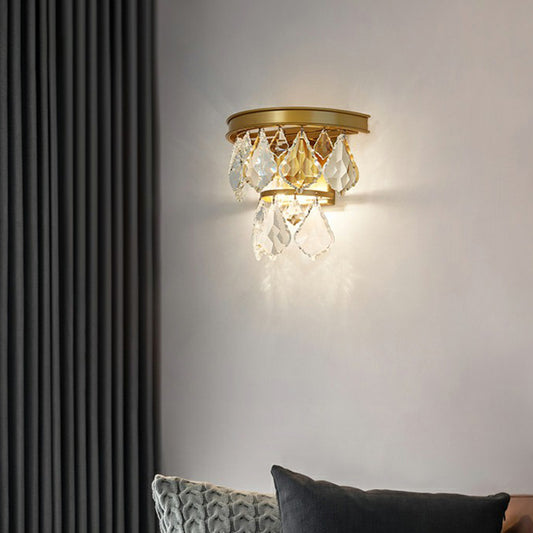 Postmodern Tiered Sconce Light Cut-Crystal 2 Bulbs Bedside Wall Mount Light Fixture Clearhalo 'Cast Iron' 'Glass' 'Industrial' 'Modern wall lights' 'Modern' 'Tiffany' 'Traditional wall lights' 'Wall Lamps & Sconces' 'Wall Lights' Lighting' 2424495