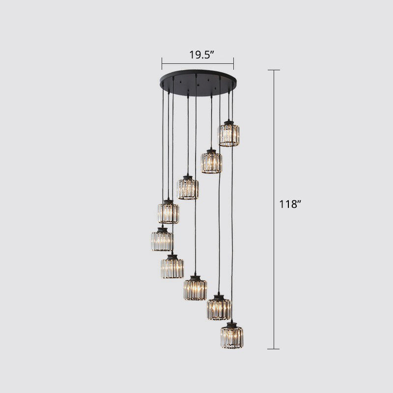 Postmodern Cylindrical Pendant Lamp Prismatic Crystal Stairway Multi Light Chandelier 9 Black Clearhalo 'Ceiling Lights' 'Modern Pendants' 'Modern' 'Pendant Lights' 'Pendants' Lighting' 2424553