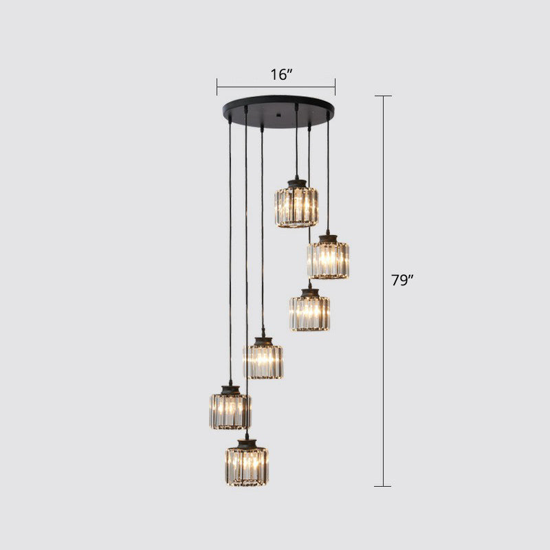 Postmodern Cylindrical Pendant Lamp Prismatic Crystal Stairway Multi Light Chandelier 6 Black Clearhalo 'Ceiling Lights' 'Modern Pendants' 'Modern' 'Pendant Lights' 'Pendants' Lighting' 2424554