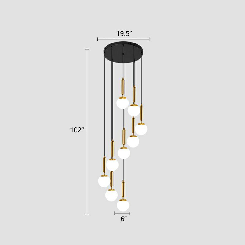 Spiral Ball Hanging Ceiling Light Nordic Opal Glass Stairs Multi Light Pendant Lighting 9 Gold Clearhalo 'Ceiling Lights' 'Modern Pendants' 'Modern' 'Pendant Lights' 'Pendants' Lighting' 2424562