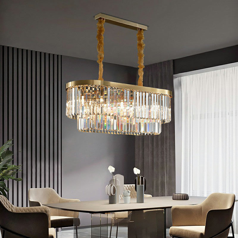 Postmodern Oblong Island Light Clear Crystal Rod Dining Room Pendant Light in Brass Clearhalo 'Ceiling Lights' 'Island Lights' Lighting' 2424718