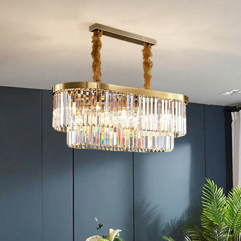 Postmodern Oblong Island Light Clear Crystal Rod Dining Room Pendant Light in Brass Clearhalo 'Ceiling Lights' 'Island Lights' Lighting' 2424723