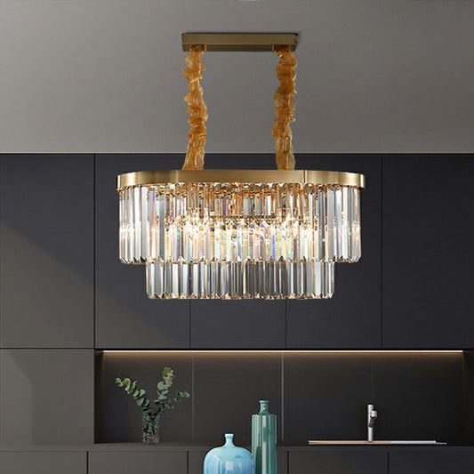 Postmodern Oblong Island Light Clear Crystal Rod Dining Room Pendant Light in Brass Clearhalo 'Ceiling Lights' 'Island Lights' Lighting' 2424726