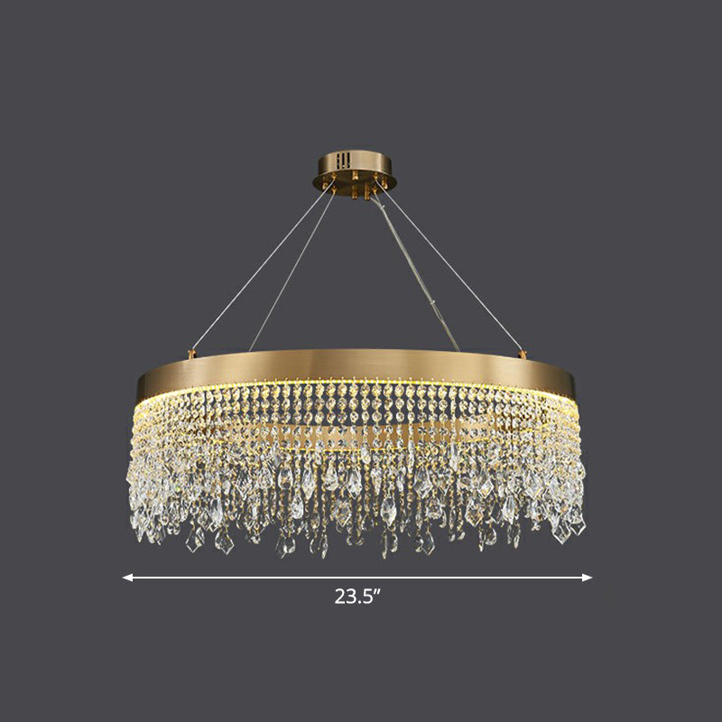 Stainless Steel Ring Shaped Pendant Lamp Postmodern Gold LED Chandelier with Draping Crystals Gold 23.5" Clearhalo 'Ceiling Lights' 'Chandeliers' 'Modern Chandeliers' 'Modern' Lighting' 2424859