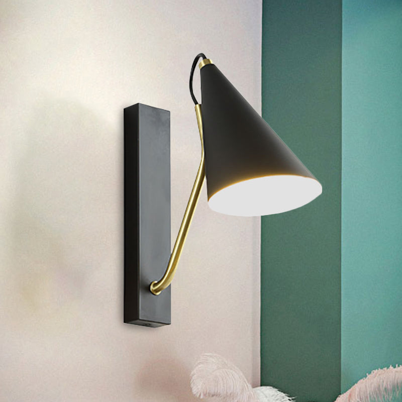 Bedroom Cone Shade Sconce Lighting Iron 1 Light Modern Simple Black/White Wall Lamp Black Clearhalo 'Cast Iron' 'Glass' 'Industrial' 'Modern wall lights' 'Modern' 'Tiffany' 'Traditional wall lights' 'Wall Lamps & Sconces' 'Wall Lights' Lighting' 242505