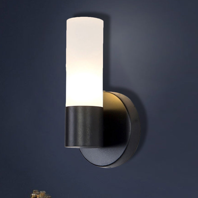 Cylinder White Glass Sconce Lamp Modernist 1 Light Black Led Wall Mounted Light Fixture Black Clearhalo 'Cast Iron' 'Glass' 'Industrial' 'Modern wall lights' 'Modern' 'Tiffany' 'Traditional wall lights' 'Wall Lamps & Sconces' 'Wall Lights' Lighting' 242508