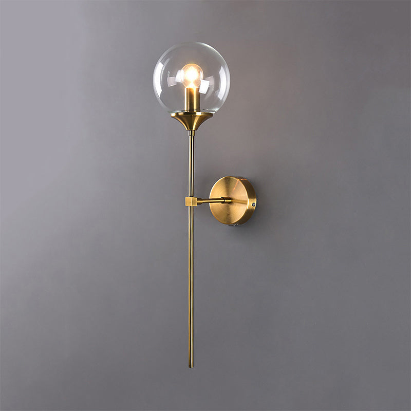 Clear/Smoke/Amber Glass Round Sconce Lamp Modernist 1 Light Wall Mounted Light in Gold for Living Room Clear Clearhalo 'Cast Iron' 'Glass' 'Industrial' 'Modern wall lights' 'Modern' 'Tiffany' 'Traditional wall lights' 'Wall Lamps & Sconces' 'Wall Lights' Lighting' 242527