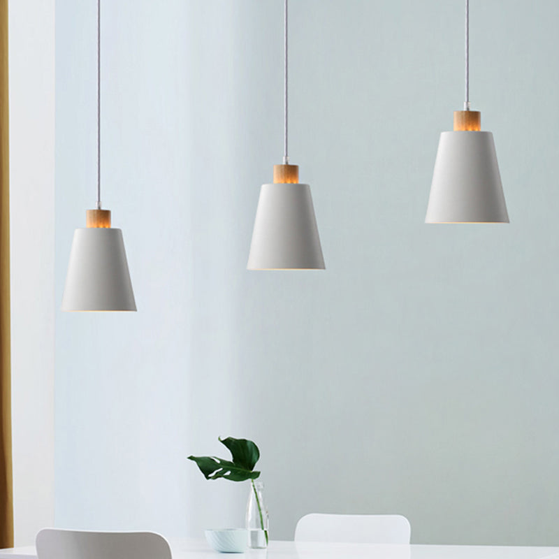 Contemporary Bucket Shade Pendant Lamp Metallic White Finish Hanging Light with Round/Linear Canopy for Hallway 3 White Linear Clearhalo 'Ceiling Lights' 'Modern Pendants' 'Modern' 'Pendant Lights' 'Pendants' Lighting' 242604