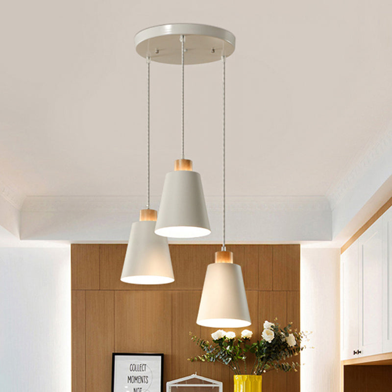 Contemporary Bucket Shade Pendant Lamp Metallic White Finish Hanging Light with Round/Linear Canopy for Hallway 3 White Round Clearhalo 'Ceiling Lights' 'Modern Pendants' 'Modern' 'Pendant Lights' 'Pendants' Lighting' 242608