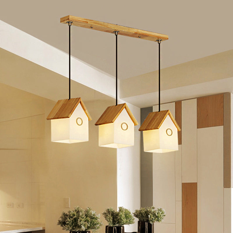 Wood and Glass House Hanging Light Asian Style Pendant Light in White for Kitchen Foyer 3 White Linear Clearhalo 'Ceiling Lights' 'Pendant Lights' 'Pendants' Lighting' 242620_b4981458-ea1f-441e-8cf0-0ada0e4697ee