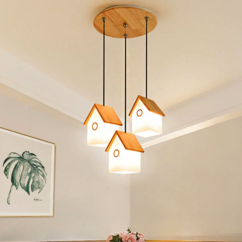 Wood and Glass House Hanging Light Asian Style Pendant Light in White for Kitchen Foyer 3 White Round Clearhalo 'Ceiling Lights' 'Pendant Lights' 'Pendants' Lighting' 242622_cf6abca0-8eb5-4669-b325-53472bd71b70