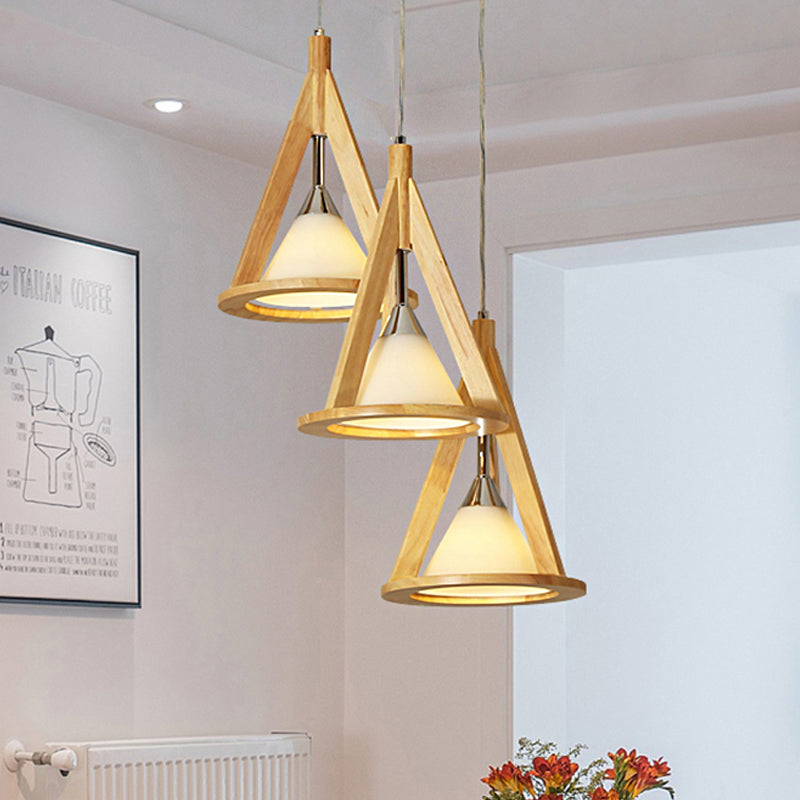 Modern Cone Pendant Light Wood & Frosted Glass Hanging Light in Beige for Coffee Shop Clearhalo 'Ceiling Lights' 'Pendant Lights' 'Pendants' Lighting' 242627