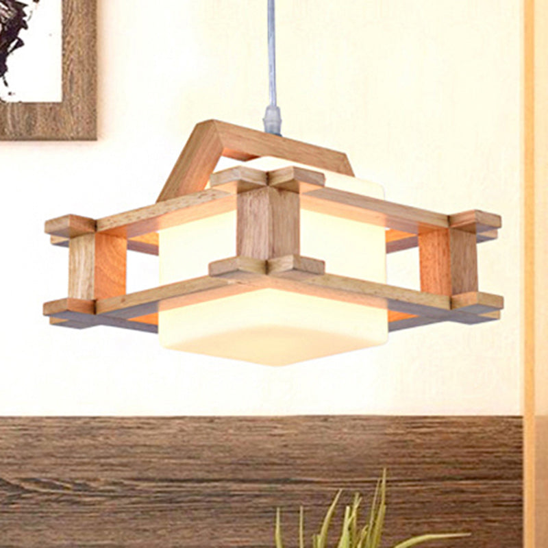 Contemporary Cube Suspension Light with Wood Guard Glass 1 Light Beige Pendant Light for Bedroom Wood Clearhalo 'Ceiling Lights' 'Pendant Lights' 'Pendants' Lighting' 242629_23f61a81-3759-4de3-be80-fb51f9de5c78