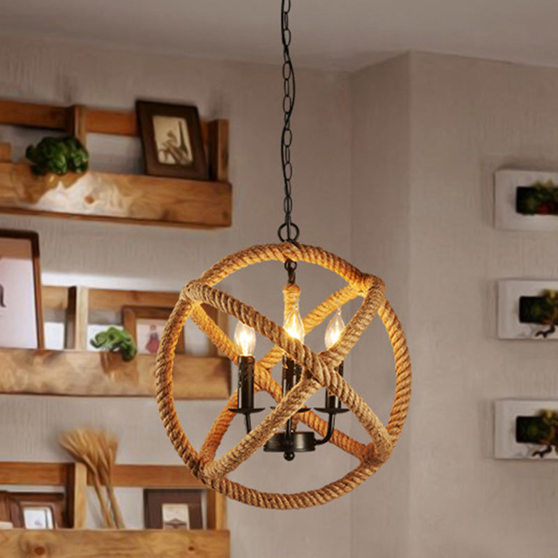 Hemp Rope Yellow Chandelier Light Orbit Globe 3-Light 14"/16.5"/20.5" Wide Farmhouse Pendant Lighting Fixture Clearhalo 'Ceiling Lights' 'Chandeliers' Lighting' 2426586