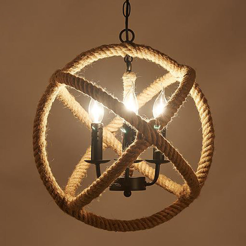 Hemp Rope Yellow Chandelier Light Orbit Globe 3-Light 14"/16.5"/20.5" Wide Farmhouse Pendant Lighting Fixture Clearhalo 'Ceiling Lights' 'Chandeliers' Lighting' 2426589