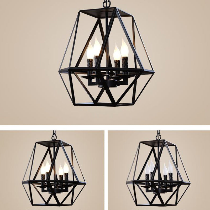 Black Geometric Chandelier Lamp Traditional Metal 3/4 Light Living Room Hanging Light Clearhalo 'Ceiling Lights' 'Chandeliers' Lighting' 2426619