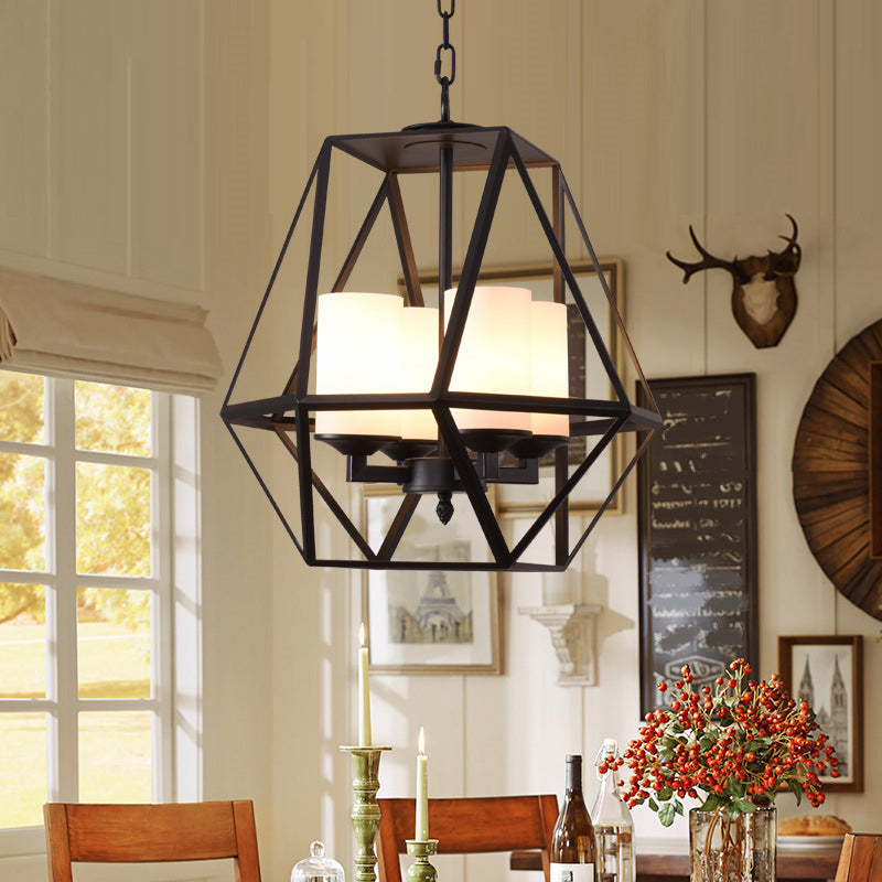 Metal Geometric Hanging Chandelier Traditional 3 Lights Living Room Pendant Light in Black with/without Shade Black With Shade Clearhalo 'Ceiling Lights' 'Chandeliers' Lighting' 2426632