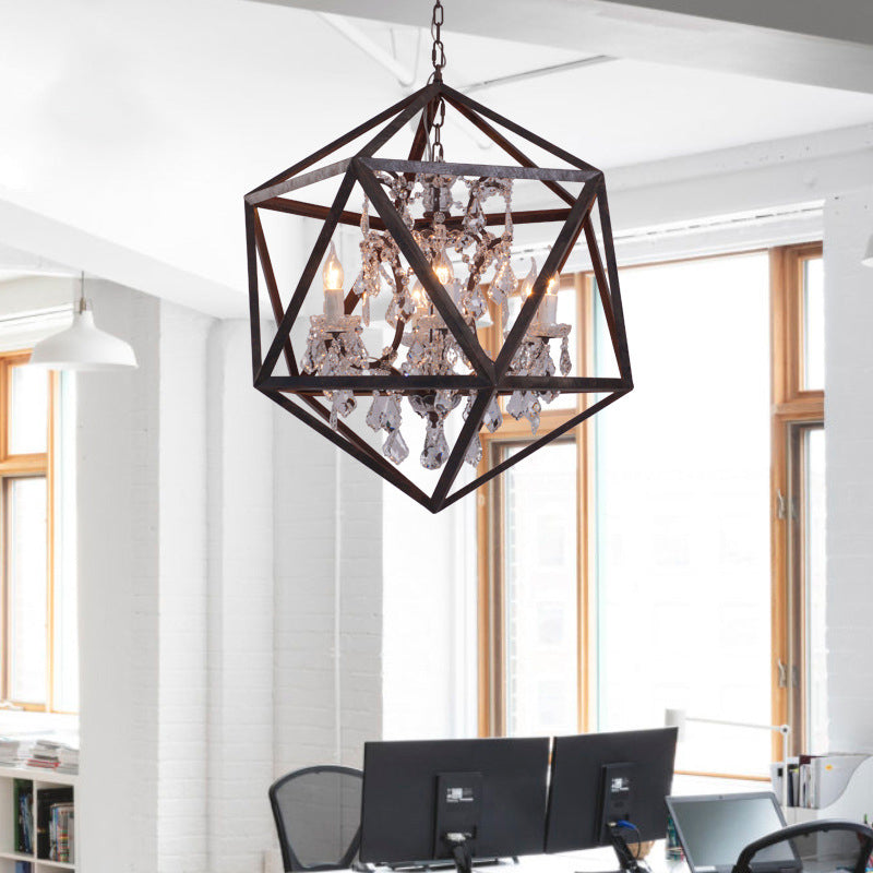 6 Bulbs Geometric Chandelier Light Traditional Rust Metal Hanging Ceiling Fixture with Clear Crystal Drop Clearhalo 'Ceiling Lights' 'Chandeliers' Lighting' 2426637