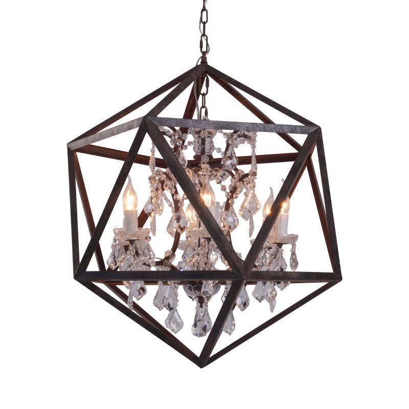 6 Bulbs Geometric Chandelier Light Traditional Rust Metal Hanging Ceiling Fixture with Clear Crystal Drop Clearhalo 'Ceiling Lights' 'Chandeliers' Lighting' 2426639