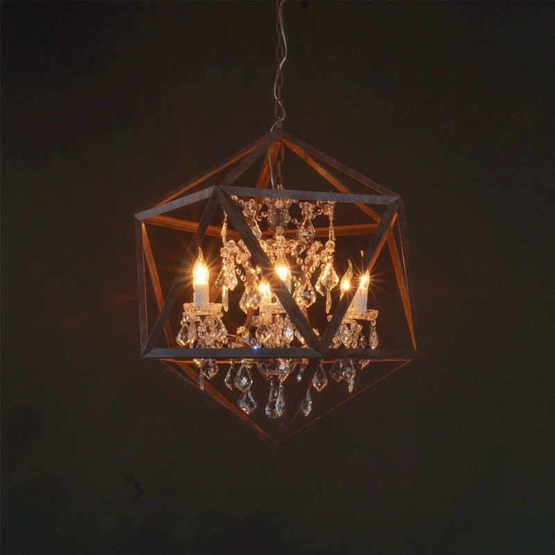 6 Bulbs Geometric Chandelier Light Traditional Rust Metal Hanging Ceiling Fixture with Clear Crystal Drop Clearhalo 'Ceiling Lights' 'Chandeliers' Lighting' 2426641