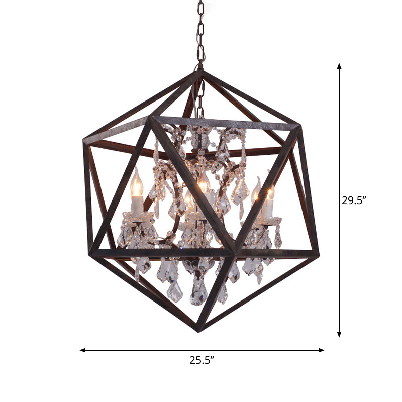 6 Bulbs Geometric Chandelier Light Traditional Rust Metal Hanging Ceiling Fixture with Clear Crystal Drop Clearhalo 'Ceiling Lights' 'Chandeliers' Lighting' 2426642