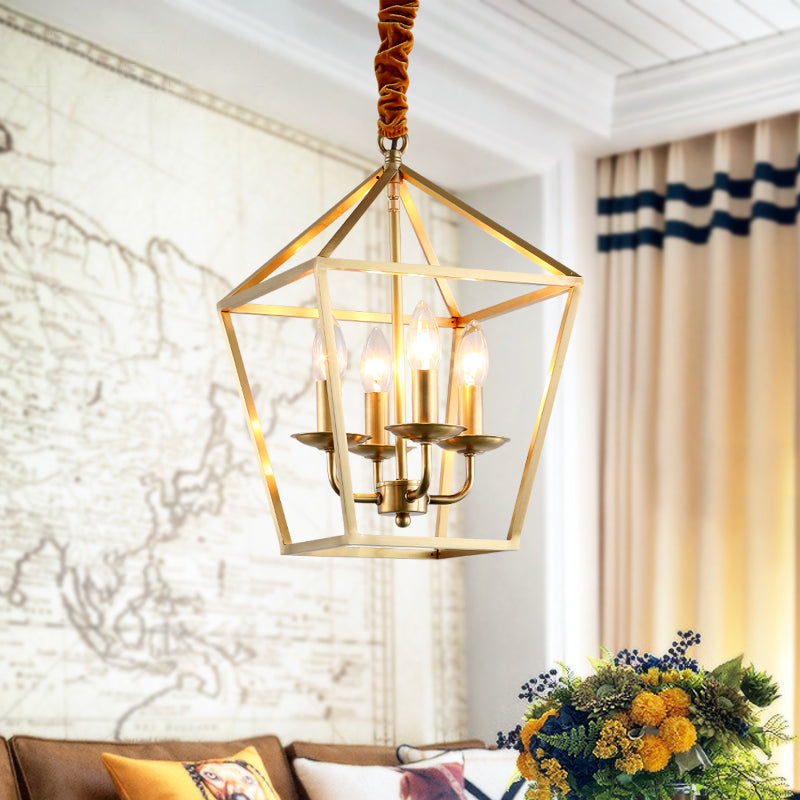 4 Bulbs Ceiling Lamp with Geometric Shade Metal Traditional Dining Room Chandelier Pendant Light in Gold Clearhalo 'Ceiling Lights' 'Chandeliers' Lighting' 2426657