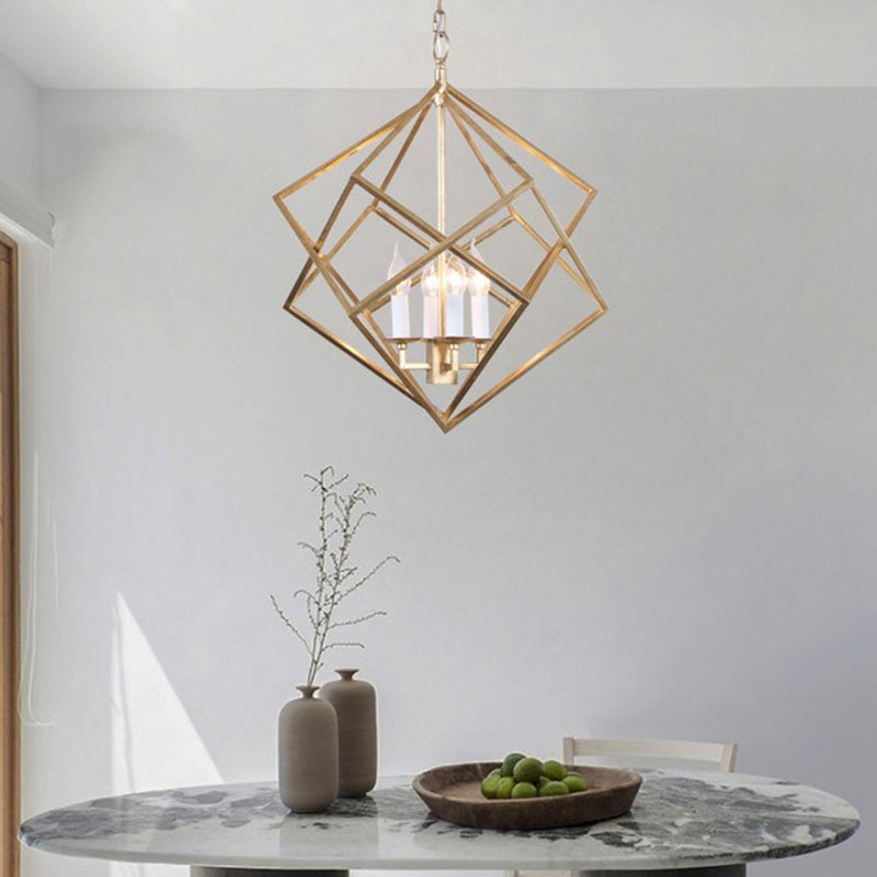 4 Lights Metal Pendant Chandelier Classic Gold Rhombus Living Room Hanging Ceiling Fixture with Candle Shade Gold Clearhalo 'Ceiling Lights' 'Chandeliers' Lighting' 2426678