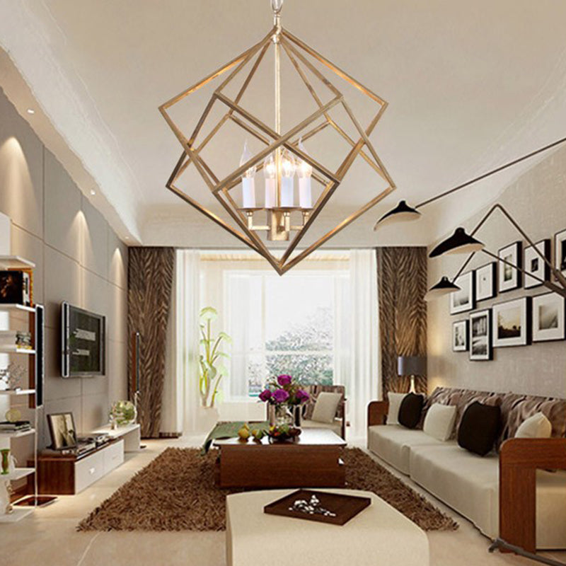 4 Lights Metal Pendant Chandelier Classic Gold Rhombus Living Room Hanging Ceiling Fixture with Candle Shade Clearhalo 'Ceiling Lights' 'Chandeliers' Lighting' 2426679