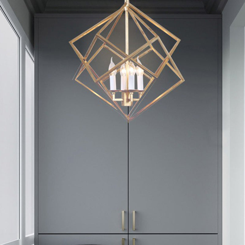 4 Lights Metal Pendant Chandelier Classic Gold Rhombus Living Room Hanging Ceiling Fixture with Candle Shade Clearhalo 'Ceiling Lights' 'Chandeliers' Lighting' 2426680