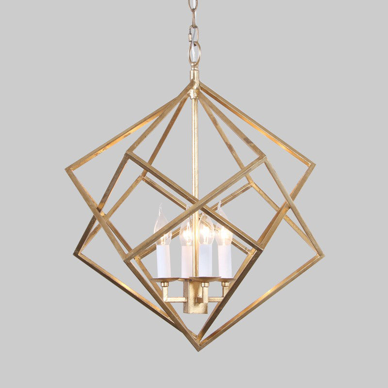 4 Lights Metal Pendant Chandelier Classic Gold Rhombus Living Room Hanging Ceiling Fixture with Candle Shade Clearhalo 'Ceiling Lights' 'Chandeliers' Lighting' 2426681