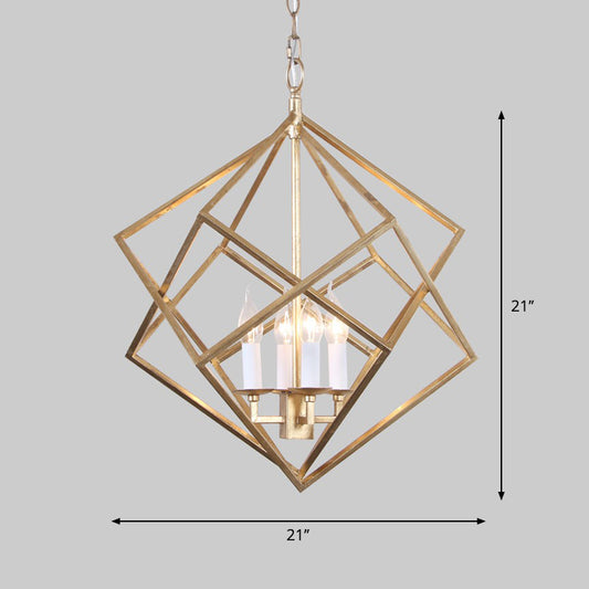 4 Lights Metal Pendant Chandelier Classic Gold Rhombus Living Room Hanging Ceiling Fixture with Candle Shade Clearhalo 'Ceiling Lights' 'Chandeliers' Lighting' 2426683