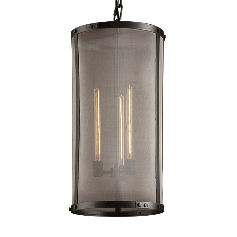 Metal Black Chandelier Lamp Cylindrical Mesh Screen 2/3-Bulb Industrial Pendant Lighting over Table Clearhalo 'Ceiling Lights' 'Chandeliers' Lighting' 2426697