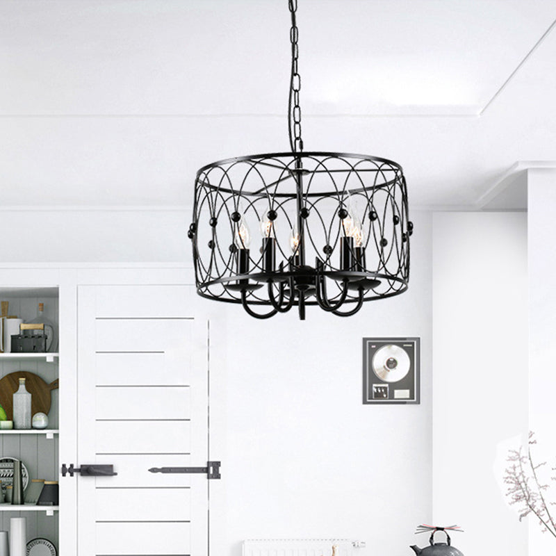 Black Drum Hanging Chandelier Rustic Style Metal 6 Heads Living Room Pendant Ceiling Light with Candle Design Clearhalo 'Ceiling Lights' 'Chandeliers' Lighting' options 2426704