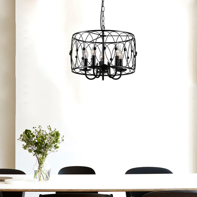 Black Drum Hanging Chandelier Rustic Style Metal 6 Heads Living Room Pendant Ceiling Light with Candle Design Clearhalo 'Ceiling Lights' 'Chandeliers' Lighting' options 2426705