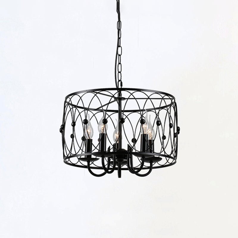 Black Drum Hanging Chandelier Rustic Style Metal 6 Heads Living Room Pendant Ceiling Light with Candle Design Clearhalo 'Ceiling Lights' 'Chandeliers' Lighting' options 2426706