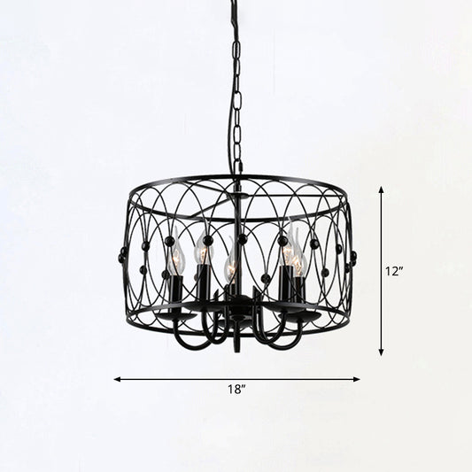 Black Drum Hanging Chandelier Rustic Style Metal 6 Heads Living Room Pendant Ceiling Light with Candle Design Clearhalo 'Ceiling Lights' 'Chandeliers' Lighting' options 2426710