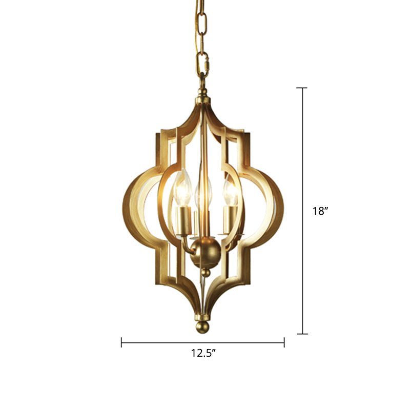 3 Bulbs Candle Chandelier Light Traditional Gold Metal Hanging Ceiling Fixture for Dining Room with Cage, 12.5"/28" Wide Clearhalo 'Ceiling Lights' 'Chandeliers' Lighting' options 2426750