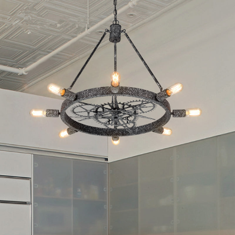 7/8 Bulbs Iron Hanging Chandelier Industrial Black/Silver Gear Wheel Dining Table Suspended Lighting Fixture with Exposed Bulb Design Clearhalo 'Ceiling Lights' 'Chandeliers' Lighting' options 2426779