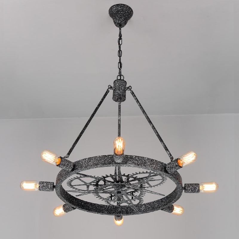 7/8 Bulbs Iron Hanging Chandelier Industrial Black/Silver Gear Wheel Dining Table Suspended Lighting Fixture with Exposed Bulb Design Clearhalo 'Ceiling Lights' 'Chandeliers' Lighting' options 2426781