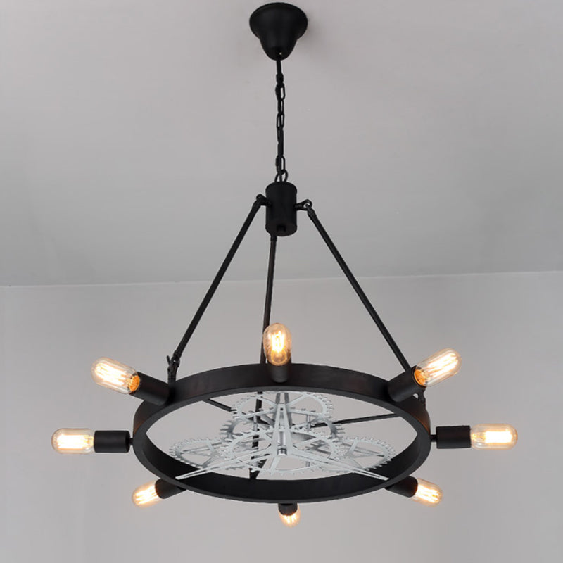 7/8 Bulbs Iron Hanging Chandelier Industrial Black/Silver Gear Wheel Dining Table Suspended Lighting Fixture with Exposed Bulb Design 8 Black Clearhalo 'Ceiling Lights' 'Chandeliers' Lighting' options 2426782_14fa7b9b-a540-408b-891b-4416890ec2b4