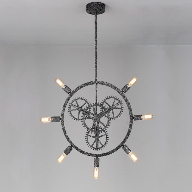 7/8 Bulbs Iron Hanging Chandelier Industrial Black/Silver Gear Wheel Dining Table Suspended Lighting Fixture with Exposed Bulb Design Clearhalo 'Ceiling Lights' 'Chandeliers' Lighting' options 2426785