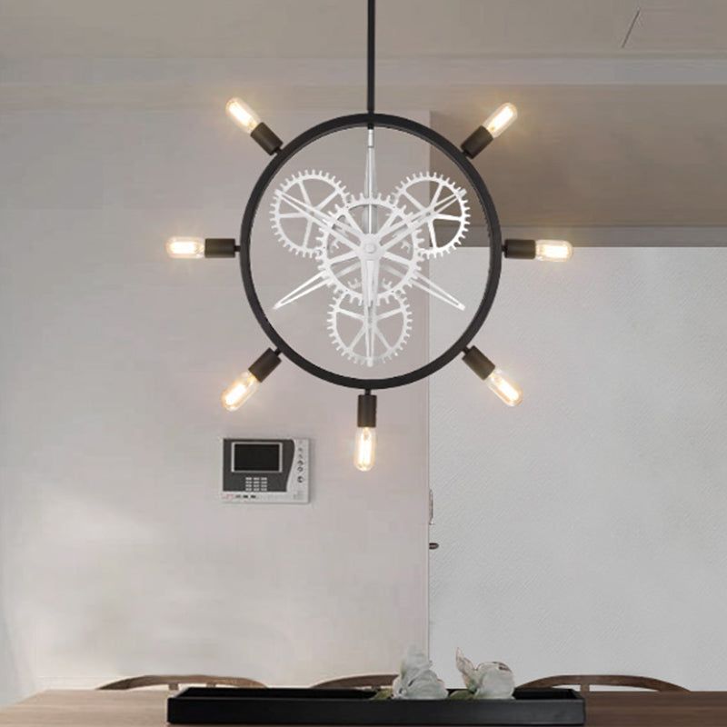 7/8 Bulbs Iron Hanging Chandelier Industrial Black/Silver Gear Wheel Dining Table Suspended Lighting Fixture with Exposed Bulb Design 7 Black Clearhalo 'Ceiling Lights' 'Chandeliers' Lighting' options 2426786_f2bf75b9-15c7-4fd9-aa99-9d684700d658