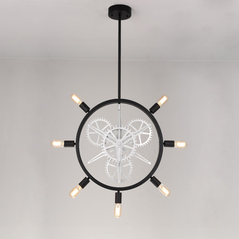 7/8 Bulbs Iron Hanging Chandelier Industrial Black/Silver Gear Wheel Dining Table Suspended Lighting Fixture with Exposed Bulb Design Clearhalo 'Ceiling Lights' 'Chandeliers' Lighting' options 2426787