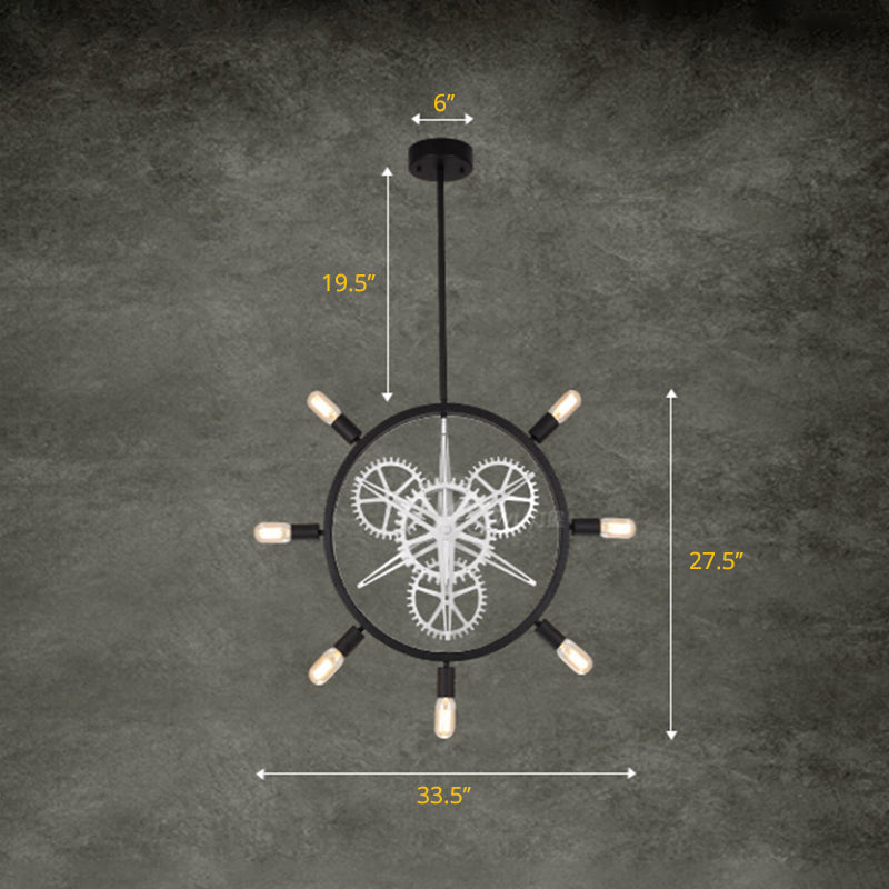 7/8 Bulbs Iron Hanging Chandelier Industrial Black/Silver Gear Wheel Dining Table Suspended Lighting Fixture with Exposed Bulb Design Clearhalo 'Ceiling Lights' 'Chandeliers' Lighting' options 2426788